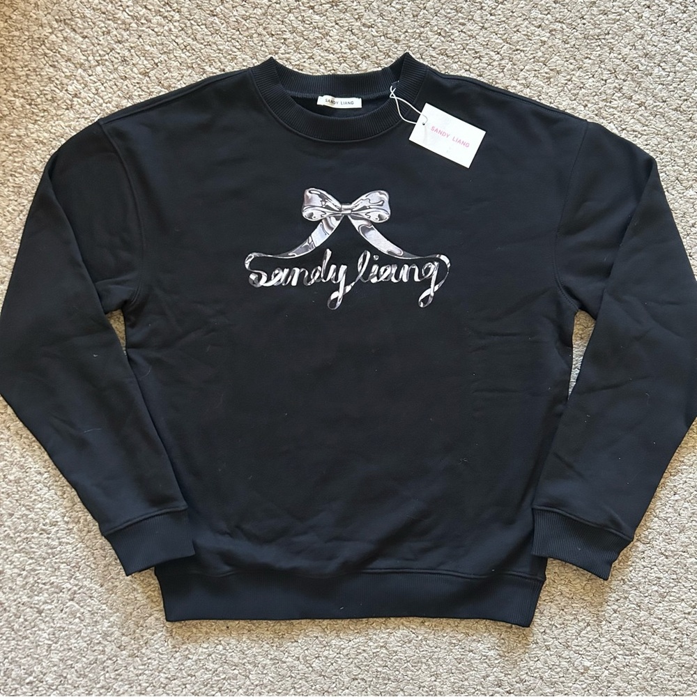 Sandy Liang Black Crewneck with Silver Bow Logo